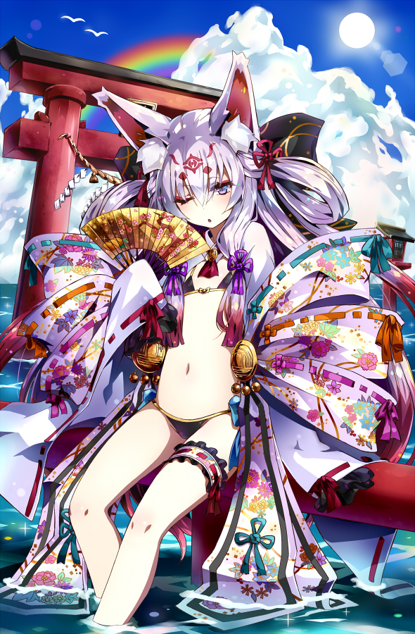 1girl :o animal_ears bikini bird black_bikini blue_eyes cat_ears clouds detached_sleeves fan flat_chest front-tie_top japanese_clothes lavender_hair micro_bikini million_arthur_(series) navel one_eye_closed rainbow ramuya_(lamb) ribbon-trimmed_sleeves ribbon_trim sun swimsuit torii wading water