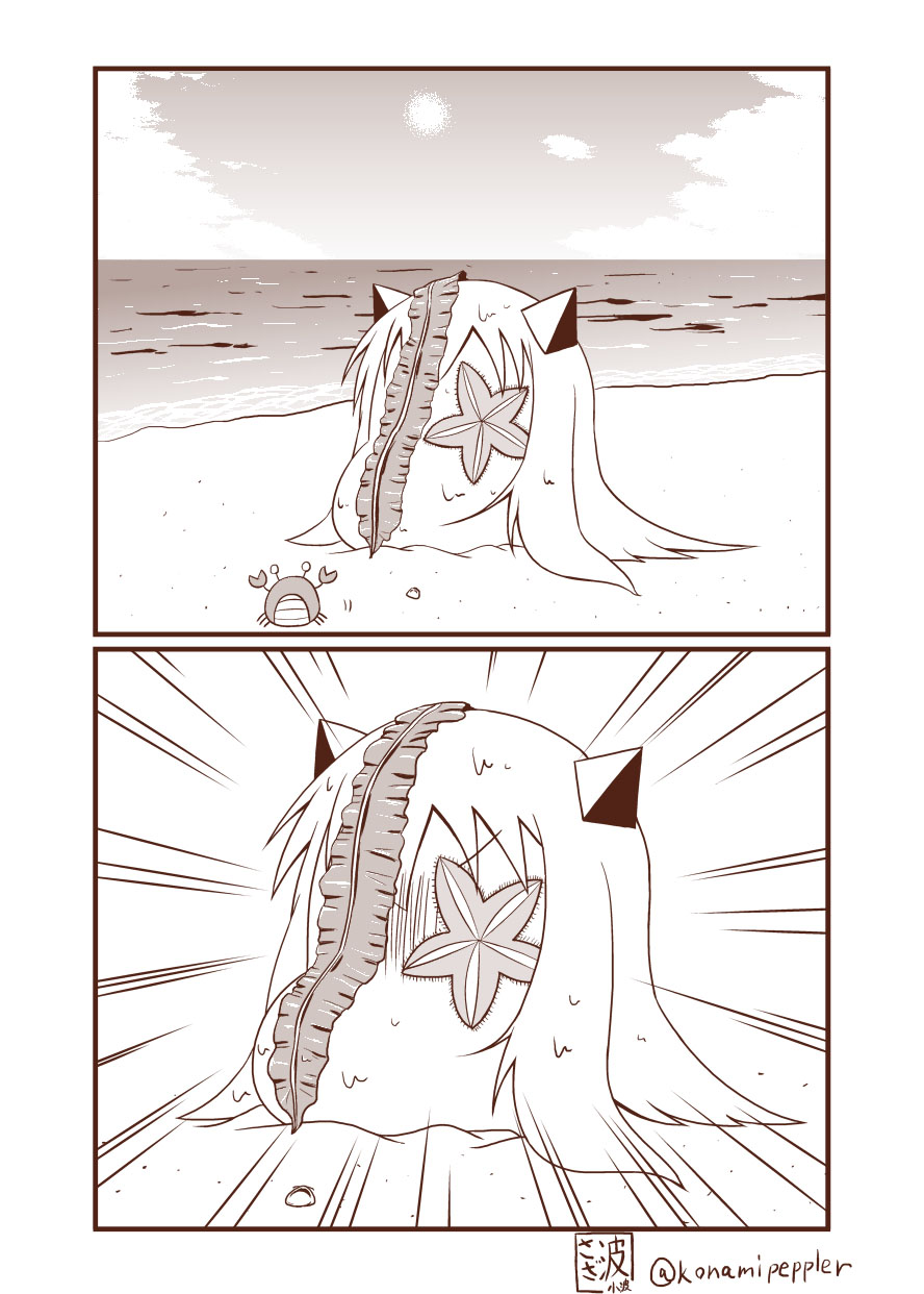 1girl 2koma beach comic commentary_request crab highres horns kantai_collection long_hair monochrome moomin muppo northern_ocean_hime sand sazanami_konami seaweed shinkaisei-kan solo twitter_username water