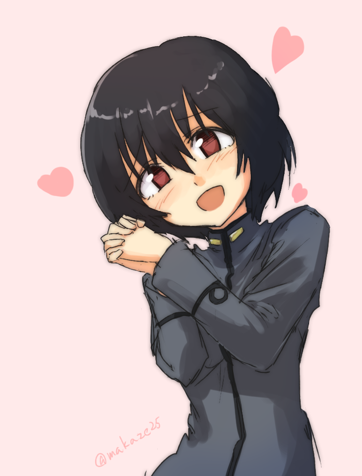 1girl artist_name black_hair blush hands_clasped head_tilt heart makaze_(t-junction) military military_uniform open_mouth pink_background red_eyes shimohara_sadako short_hair simple_background strike_witches uniform