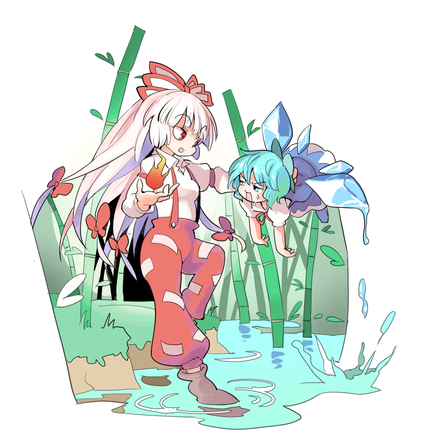 2girls albino bamboo bamboo_forest blue_eyes blue_hair boots bow cirno dress fire forest fujiwara_no_mokou full_body hair_bow hair_ornament hair_ribbon ice ice_wings long_hair long_sleeves looking_at_another melting moyashi_seizoujo multiple_girls nature open_mouth pants puffy_sleeves red_eyes ribbon shirt short_hair short_sleeves smile sweat touhou water white_hair wings