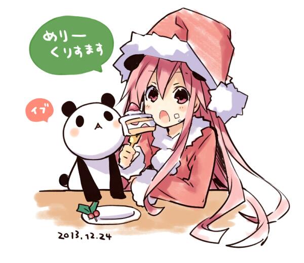 cake choujigen_game_neptune christmas eating food hat long_hair neptune_(series) panda panda_ears red_eyes redhead santa_costume santa_hat shakeko_(choujigen_game_neptune) sketch tsunako