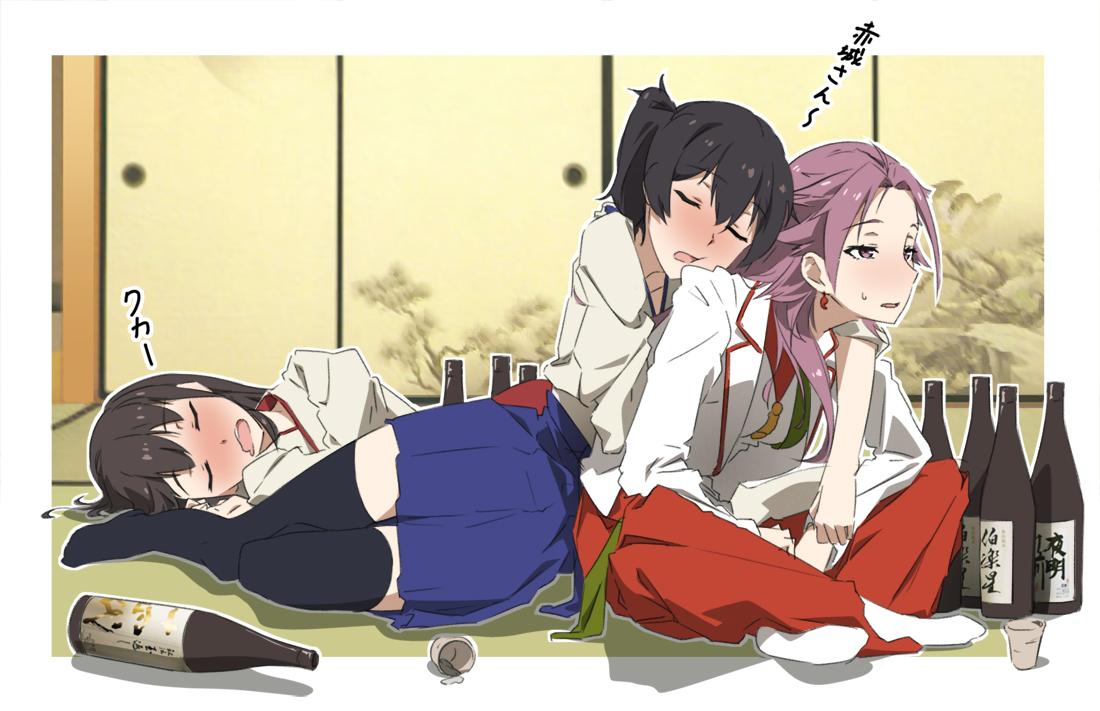 3girls akagi_(kantai_collection) bottle brown_hair closed_eyes drooling drunk earrings japanese_clothes jewelry jun'you_(kantai_collection) kaga_(kantai_collection) kantai_collection leaning_on_person m-ya multiple_girls open_mouth purple_hair sake_bottle saliva side_ponytail sleeping snoring sweatdrop thigh-highs violet_eyes