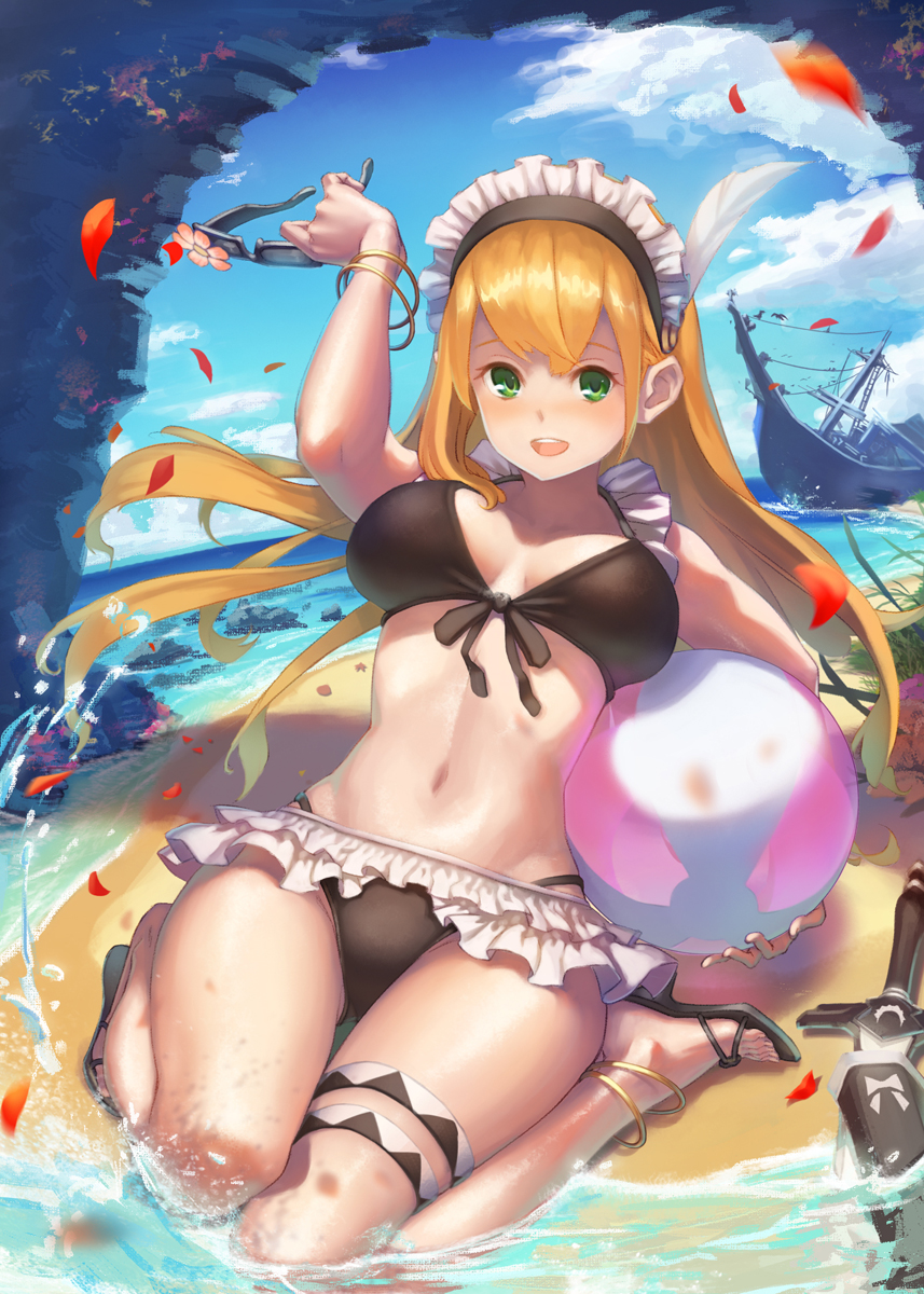 1girl anklet ball bangle beach beachball bikini black_bikini blonde_hair blush bracelet breasts frilled_bikini frills green_eyes highres holding jewelry lamchun_(2006) long_hair looking_at_viewer maid_headdress midriff navel open_mouth original petals sand slippers smile solo sunglasses sunglasses_removed swimsuit thigh_strap water