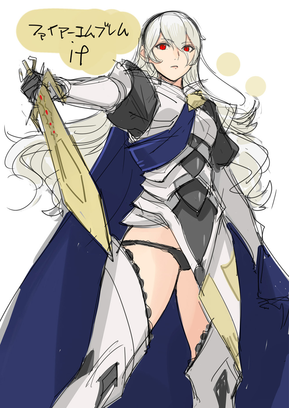 1girl armor boots cape cowboy_shot fire_emblem_if hairband highres long_hair lowleg lowleg_panties my_unit_(fire_emblem_if) panties red_eyes reverse_grip scale_armor solo standing sword tetsu_(kimuchi) thigh-highs thigh_boots underwear weapon