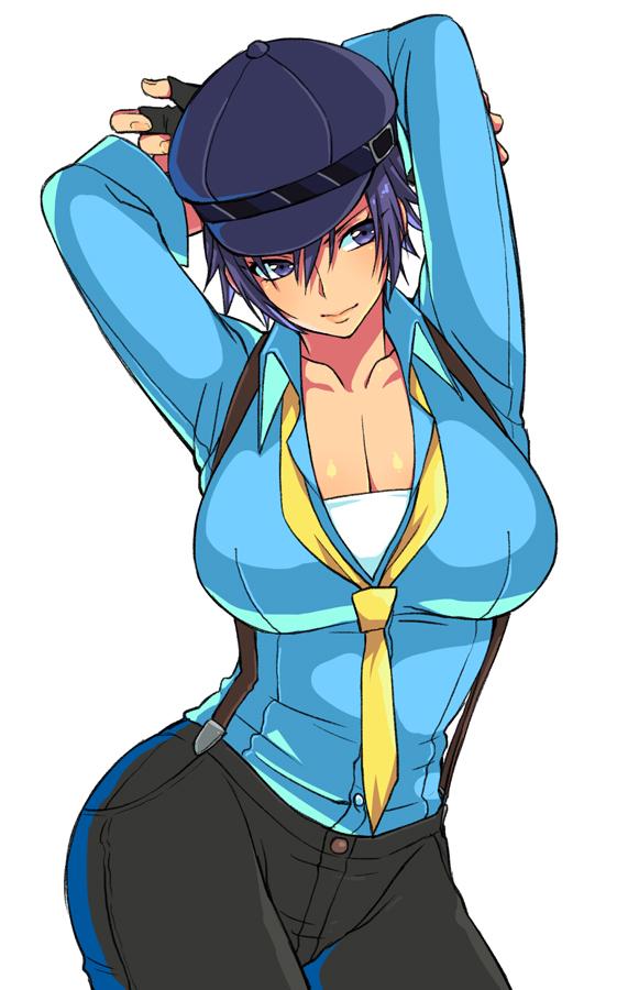 1girl arms_up blue_eyes blue_hair breasts cabbie_hat cleavage cowboy_shot eroe fingerless_gloves gloves hat large_breasts necktie persona persona_4 shirogane_naoto short_hair simple_background solo suspenders white_background