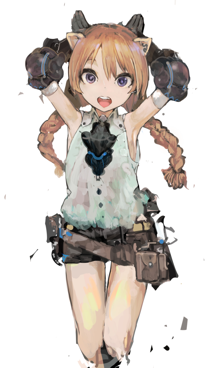 1girl :d animal_ears armpits arms_behind_head belt braid brown_hair cropped_legs gloves looking_at_viewer open_mouth original pouches shorts sleeveless smile solo teeth twin_braids uturo violet_eyes white_background