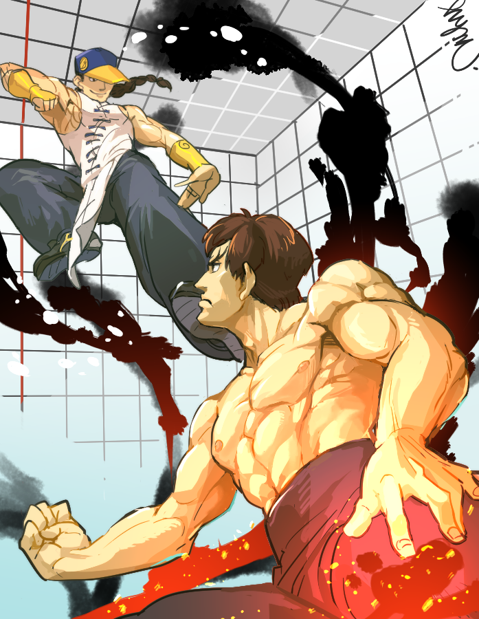 2boys abs baggy_pants baseball_cap battle black_hair braid bridal_gauntlets chinese_clothes fei_long fighting_stance flying_kick hat hat_over_one_eye hymc kicking long_hair male_focus multiple_boys muscle pants shirtless shoes short_hair single_braid sleeveless sneakers street_fighter street_fighter_iv yun_lee