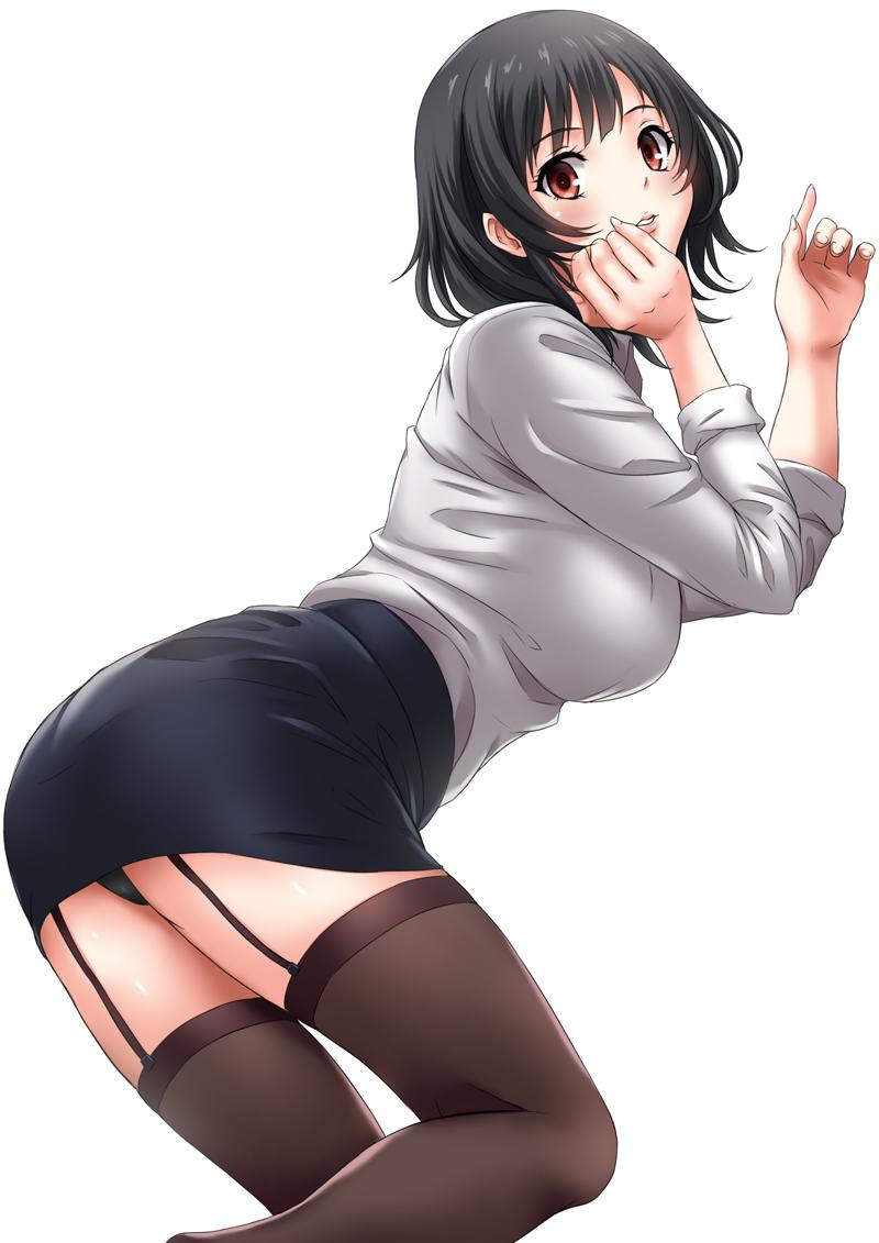 1girl alternate_costume black_hair black_legwear black_panties breasts garter_straps kantai_collection leaning_forward lips looking_at_viewer office_lady panties parted_lips pencil_skirt red_eyes sakiyamama short_hair simple_background skirt solo takao_(kantai_collection) underwear white_background