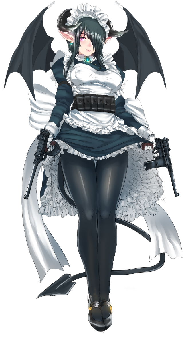 1girl bat_wings belt_pouch black_legwear demon_tail dual_wielding earrings frills full_body gun hair_over_one_eye handgun horns jewelry luger_p08 maid maid_headdress mauser_c96 original pantyhose panzer pointy_ears short_hair simple_background solo standing tail violet_eyes weapon white_background wings