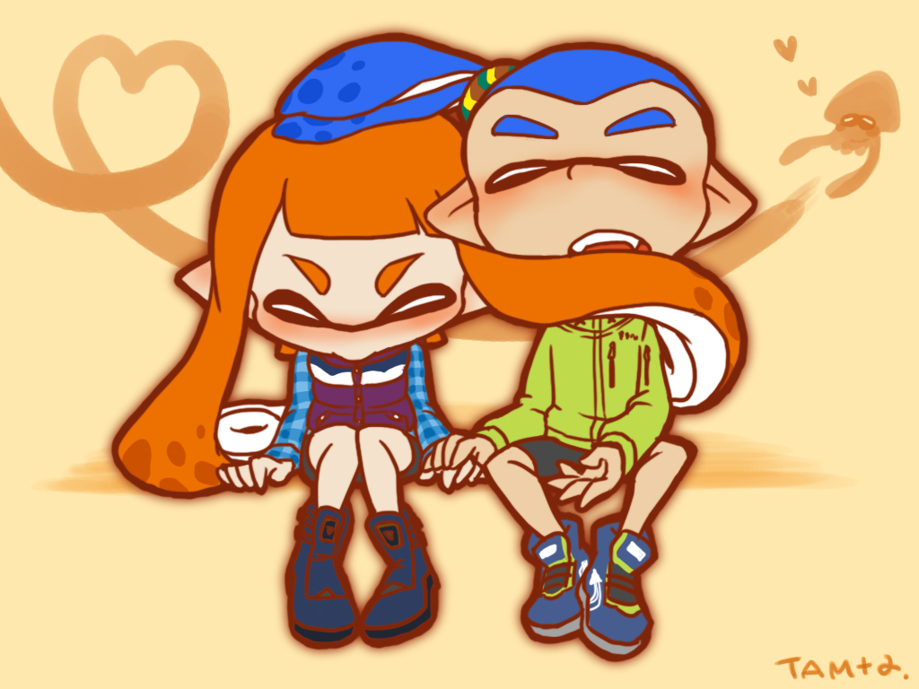 1boy 1girl bike_shorts blue_hair blush boots closed_eyes fangs heart holding_hands hooded_jacket hug inkling orange_hair plaid plaid_shirt pointy_ears ponytail shirt shoes sitting sneakers splatoon squid tama_2400 tentacle_hair vest