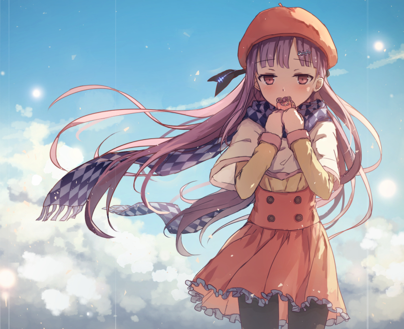 1girl bangs black_legwear blunt_bangs capelet chengnya clouds cloudy_sky commentary_request covering_mouth hair_ornament hairclip hat hat_ribbon long_hair mittens pantyhose purple_hair ribbon scarf skirt sky solo violet_eyes vocaloid xin_hua