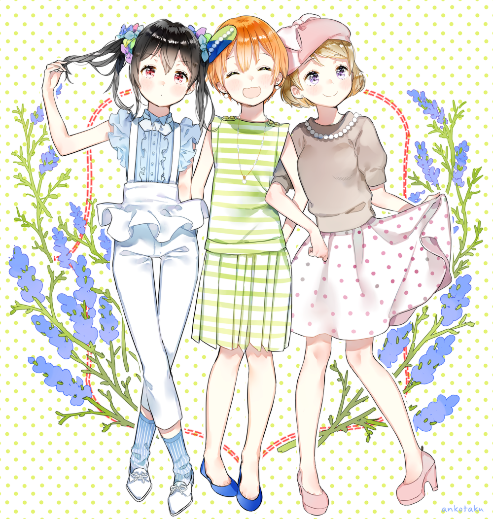 3girls ^_^ anco_(melon85) black_hair bow brown_hair closed_eyes commentary_request earrings flower full_body hair_bow hat holding_hair hoshizora_rin jewelry koizumi_hanayo locked_arms love_live!_school_idol_project multiple_girls necklace orange_hair overalls red_eyes shoes short_hair skirt socks striped striped_legwear twintails vertical-striped_legwear vertical_stripes white_pants yazawa_nico