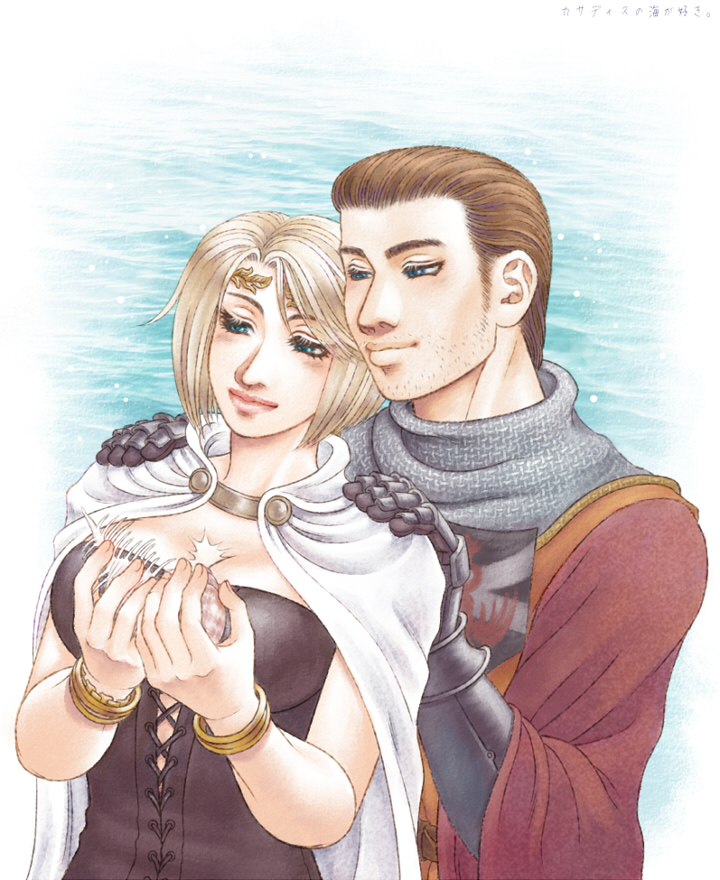 1boy 1girl arisen_(dragon's_dogma) arusha bangle blonde_hair blue_eyes bracelet breasts brown_hair bustier cape chainmail circlet cleavage couple dragon's_dogma facial_hair gauntlets hand_on_another's_shoulder hetero jewelry large_breasts maximilian_eizenstern scar short_hair smile stubble
