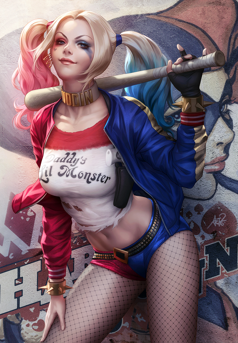 1girl baseball_bat belt blonde_hair bracelet choker clothes_writing collarbone dc_comics english eyeshadow fingerless_gloves fishnet_pantyhose fishnets gloves graffiti gun hand_on_leg harley_quinn heart highres holster jacket jewelry lips makeup midriff navel pantyhose pink_hair realistic shirt short_shorts shorts smile solo spade spiked_bracelet spikes stanley_lau studded_belt suicide_squad tattoo torn_clothes torn_shirt twintails wall weapon