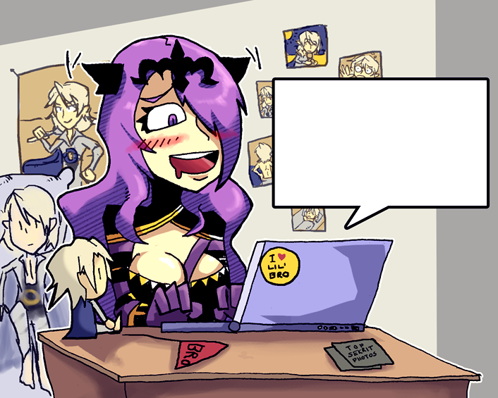 1girl blush breasts camilla_(fire_emblem_if) cleavage computer drooling empty_textbubbles fire_emblem fire_emblem_if hair_over_one_eye laptop long_hair my_unit_(fire_emblem_if) purple_hair setz solo strap_cleavage violet_eyes