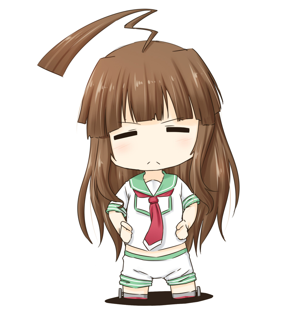 ahoge blush brown_hair chibi closed_eyes frown hands_on_own_hip kantai_collection kuma_(kantai_collection) niwatazumi sailor