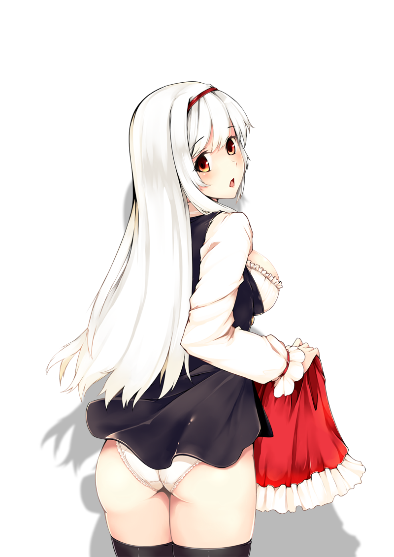 1girl ass blush breasts brown_eyes hairband holding long_hair looking_back open_mouth panties sennen_sensou_aigis simple_background skirt skirt_removed solo underwear white_background white_hair white_panties zai_(mk3)