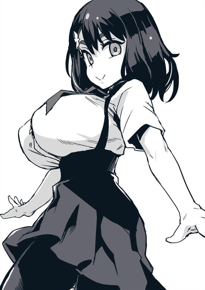 1girl :&gt; asanagi breasts gatchaman_crowds ichinose_hajime impossible_clothes large_breasts looking_at_viewer monochrome outstretched_arms short_sleeves simple_background skirt solo spread_arms white_background