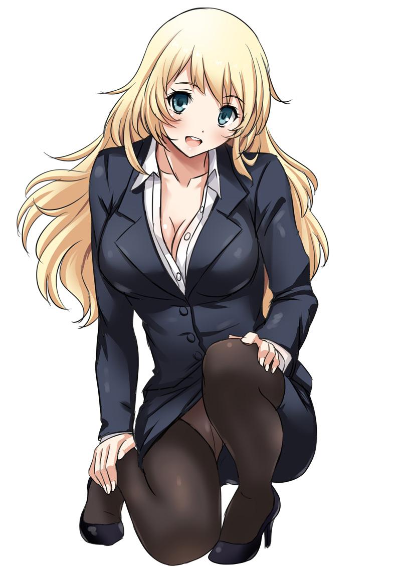 1girl :d alternate_costume atago_(kantai_collection) black_legwear blonde_hair blue_eyes blush breasts cleavage formal high_heels kantai_collection long_hair looking_at_viewer office_lady one_knee open_mouth pantyhose sakiyamama simple_background skirt_suit smile solo suit white_background