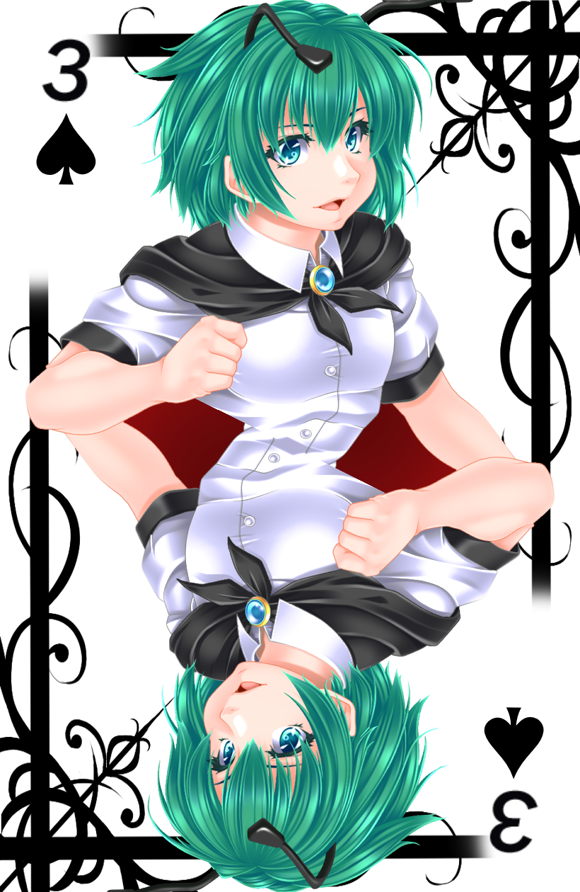 1girl antennae brooch cape card clenched_hand green_eyes green_hair highres jewelry open_mouth playing_card short_sleeves solo spades_(playing_card) symmetry touhou wriggle_nightbug yoiti