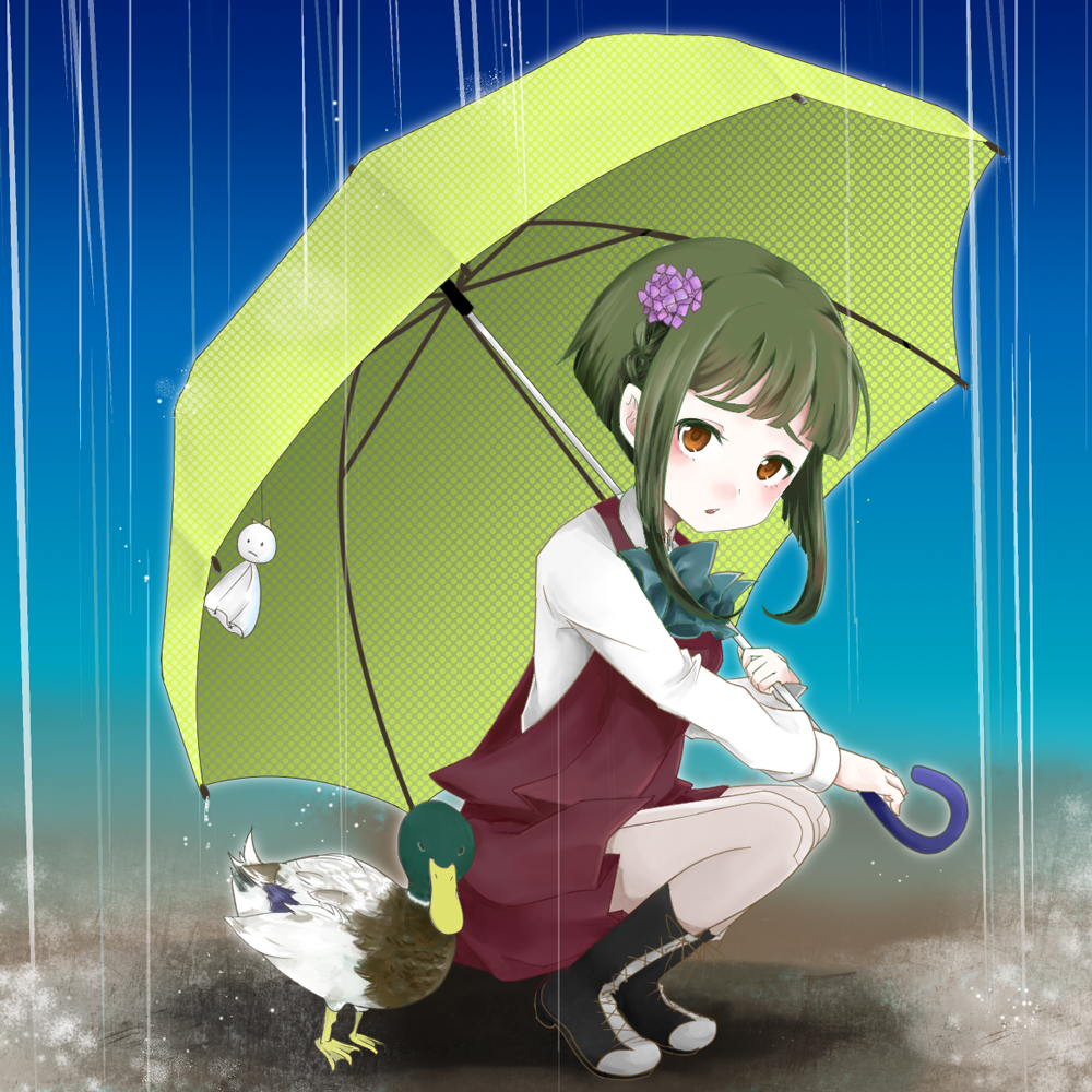 bird duck green_hair kantai_collection looking_at_viewer pantyhose rain short_hair takanami_(kantai_collection) umbrella