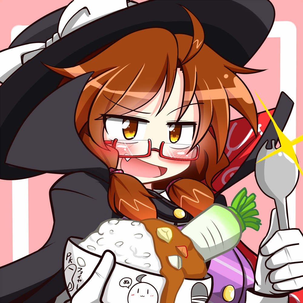 &gt;:d 1girl :d ahoge bowl brown_eyes brown_hair cape cocked_eyebrow curry curry_rice daikon fang food glasses glint gloves hat open_mouth rice rindou_(p41neko) semi-rimless_glasses short_hair smile solo spork touhou usami_sumireko white_gloves