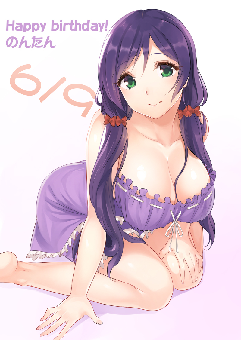 1girl bare_legs bare_shoulders barefoot breasts cleavage collarbone dated gradient gradient_background green_eyes happy_birthday kichiroku large_breasts lingerie long_hair looking_at_viewer love_live!_school_idol_project low_twintails negligee purple_background purple_hair sitting smile solo toujou_nozomi twintails underwear very_long_hair wariza