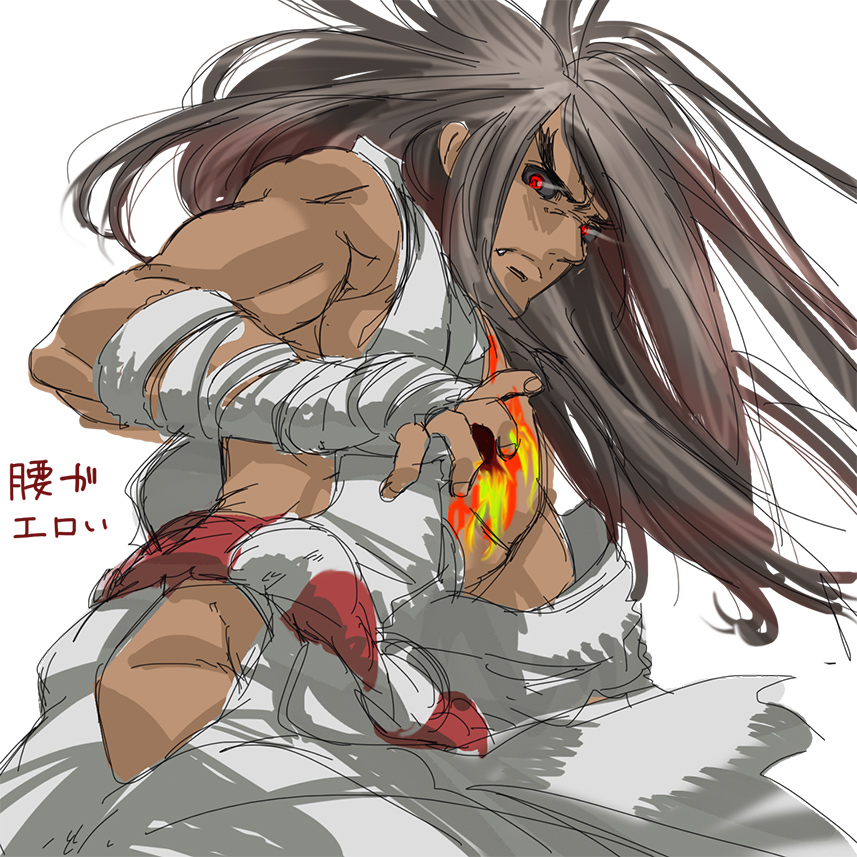 1boy black_hair black_sclera dark_persona dark_skin dougi evil_ryuu eyebrows fang handwraps hip_vent long_hair messy_hair muscle nose red_eyes scar solo street_fighter street_fighter_iv thick_eyebrows torimeiro torn_clothes