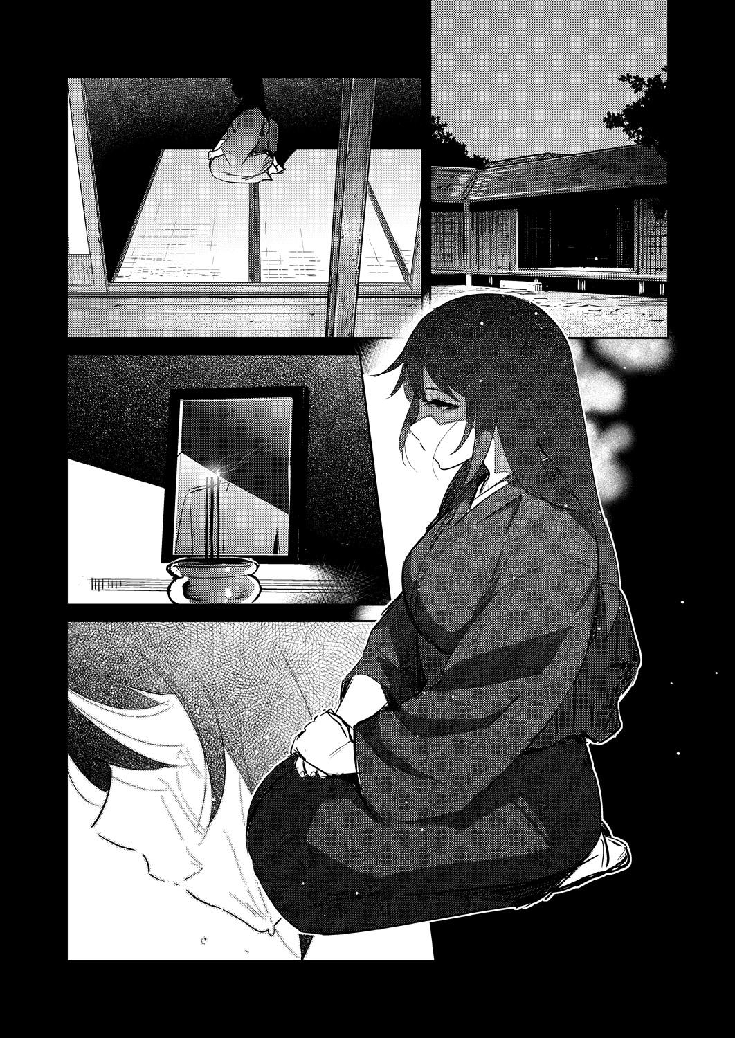 1boy 1girl admiral_(kantai_collection) highres house incense japanese_clothes kantai_collection kimono long_hair monochrome nagato_(kantai_collection) photo_(object) seiza shaded_face sitting sliding_doors synecdoche tears