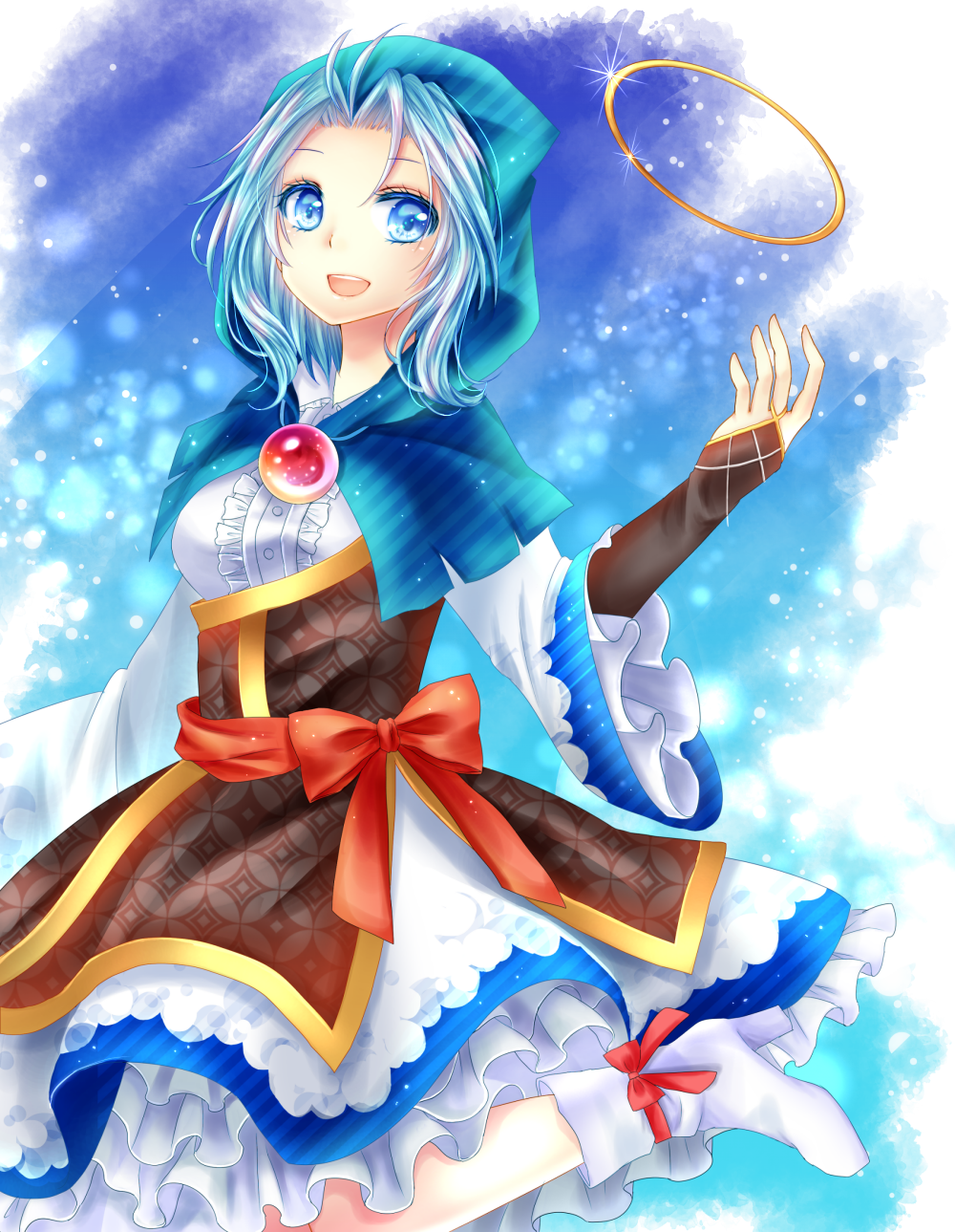 1girl :d ankle_boots blue_background blue_eyes blue_hair boots bridal_gauntlets brooch folded_leg frilled_skirt frills glint gradient gradient_background high_heel_boots high_heels highres hood hoop jewelry kesa kumoi_ichirin kuyuru_(vocalo520) long_sleeves looking_at_viewer open_mouth ribbon sash shippou_(pattern) shoe_ribbon short_hair skirt smile solo touhou weapon
