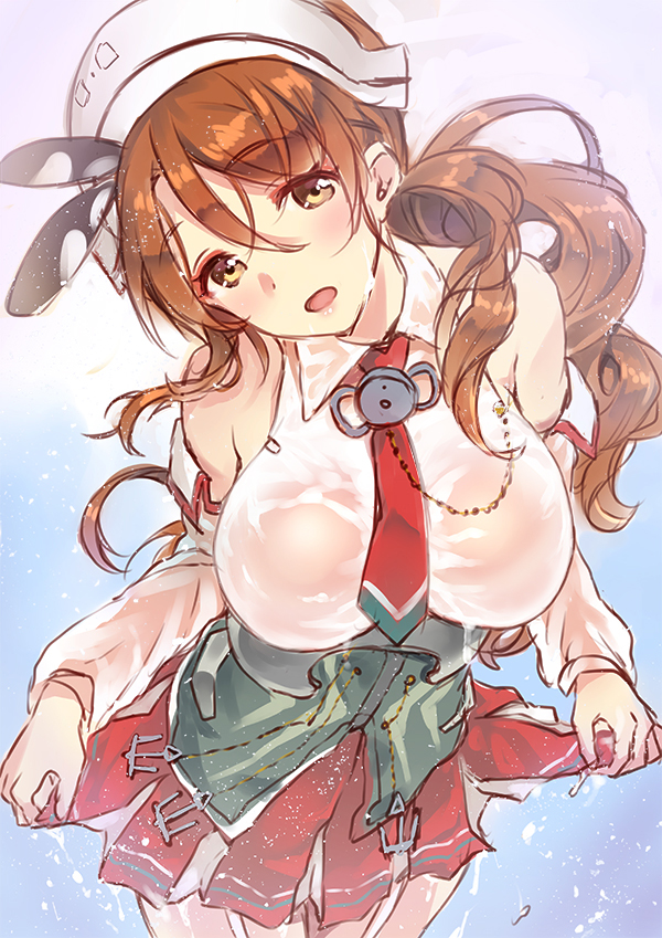 1girl breasts brown_eyes brown_hair detached_sleeves hat kantai_collection large_breasts littorio_(kantai_collection) long_hair looking_at_viewer necktie open_mouth otabe_sakura solo