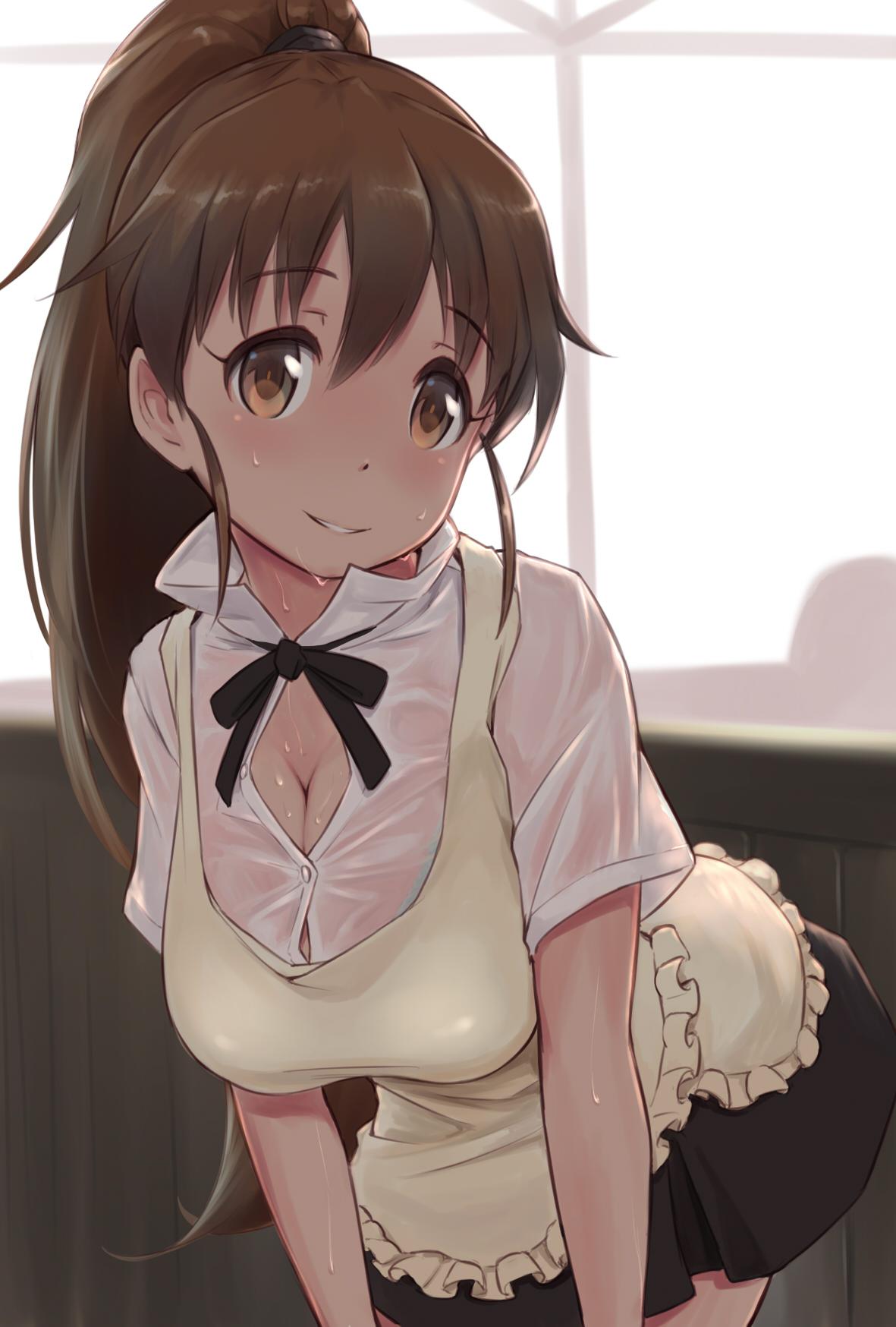1girl apron blush breasts brown_eyes brown_hair cleavage highres large_breasts long_hair open_mouth ponytail sagging_breasts skirt smile solo taneshima_popura wa_(genryusui) waitress working!!