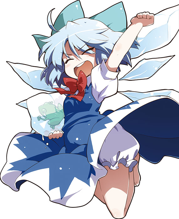 1girl akaneya bloomers blue_dress blue_hair bow cirno closed_eyes dress frog frozen hair_bow ice ice_wings open_mouth puffy_short_sleeves puffy_sleeves raised_fist shirt short_sleeves solo touhou underwear upskirt wings