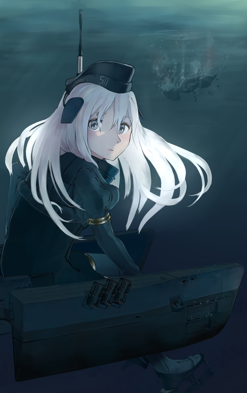 1girl blue_eyes cropped_jacket fujibejifu garrison_cap hat highres kantai_collection long_hair looking_at_viewer machinery military military_uniform solo u-511_(kantai_collection) underwater uniform white_hair