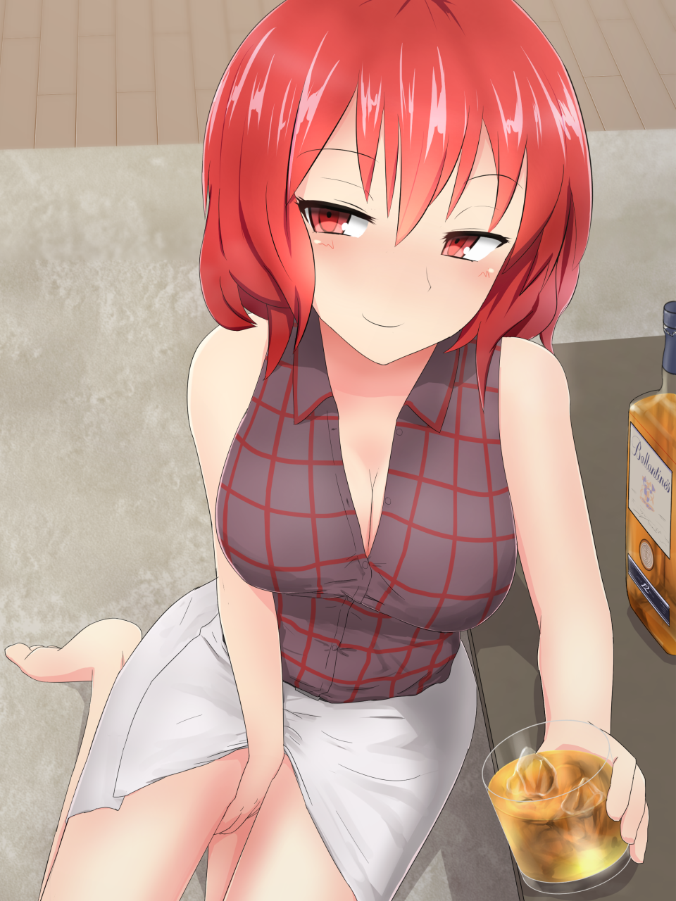 1girl alcohol arm_rest barefoot between_legs bottle breasts cleavage cocktail_glass from_above half-closed_eyes hand_between_legs highres horikawa_raiko looking_at_viewer naughty_face plaid plaid_shirt red_eyes redhead rug shirt short_hair sitting skirt sleeveless sleeveless_shirt smirk solo table touhou wariza whiskey wooden_floor zakku_(kya--193)