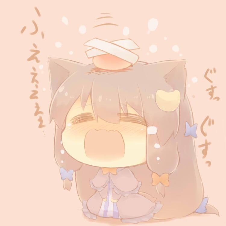 1girl animal_ears blue_ribbon cat_ears chibi closed_eyes crescent crescent_hair_ornament crossed_bandaids crying hair_ornament hair_ribbon hazuki_ruu kemonomimi_mode long_hair open_mouth pajamas patchouli_knowledge purple_hair red_ribbon ribbon solo striped striped_pajamas tears touhou translation_request tress_ribbon wavy_mouth