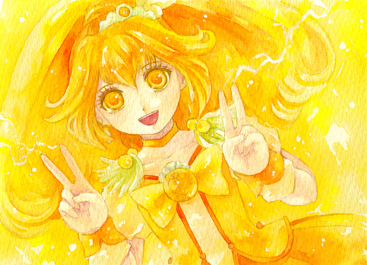 1girl blonde_hair blush choker cure_peace double_v dress eyelashes hair_ornament happy kise_yayoi long_hair looking_at_viewer magical_girl open_mouth ponytail precure ribbon shiroma_(mamiko) skirt smile smile_precure! solo v wrist_cuffs yellow_background yellow_dress yellow_eyes yellow_skirt