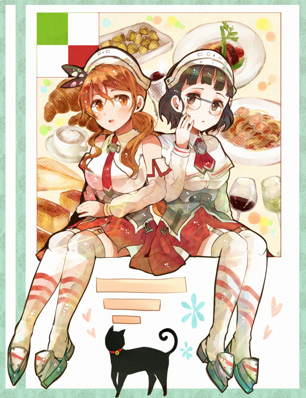 2girls bangs bare_shoulders black_cat blunt_bangs brown_hair capelet cat coffee_cup croissant cup detached_sleeves food glasses green_border hand_on_own_cheek heart highres italian_flag itomugi-kun kantai_collection littorio_(kantai_collection) multiple_girls necktie red_skirt roma_(kantai_collection) shirt sitting skirt wine_glass