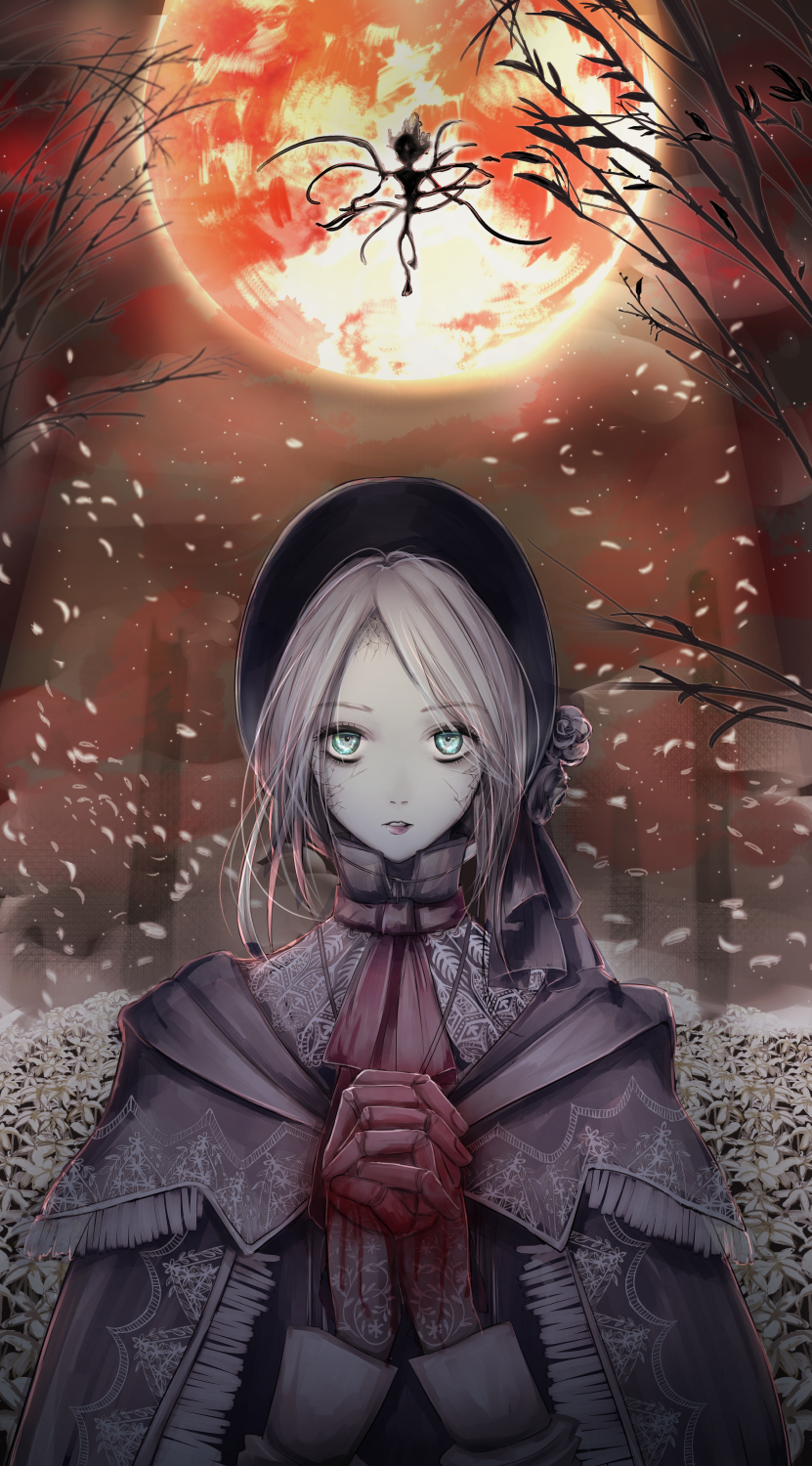1girl bloodborne bonnet cloak doll_joints flower highres moon_presence plain_doll short_hair tea__touch(てぃふれ)