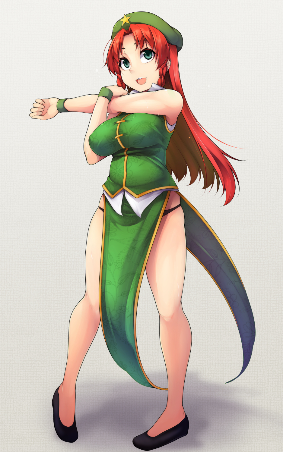 1girl bare_legs black_panties blush braid breasts chinese_clothes green_eyes hat highres hong_meiling impossible_clothes large_breasts long_hair open_mouth panties redhead shachi_kamaboko smile solo stretch touhou twin_braids underwear wristband