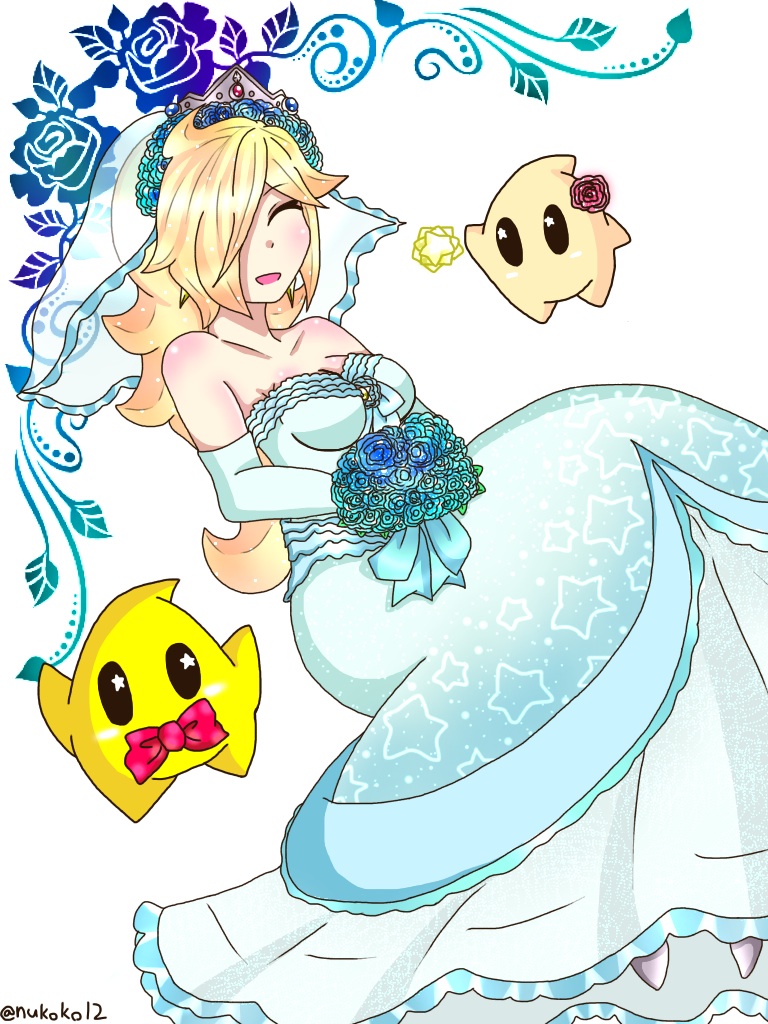 1girl ^_^ bare_shoulders blonde_hair blush_stickers bouquet bowtie breasts bridal_gauntlets bridal_veil chiko_(mario) closed_eyes crown dress earrings elbow_gloves flower gloves hair_flower hair_ornament hair_over_one_eye jewelry long_dress long_hair super_mario_bros. open_mouth ribbon rosetta_(mario) smile star star-shaped_pupils star_print super_mario_bros. super_mario_galaxy symbol-shaped_pupils veil wedding wedding_dress