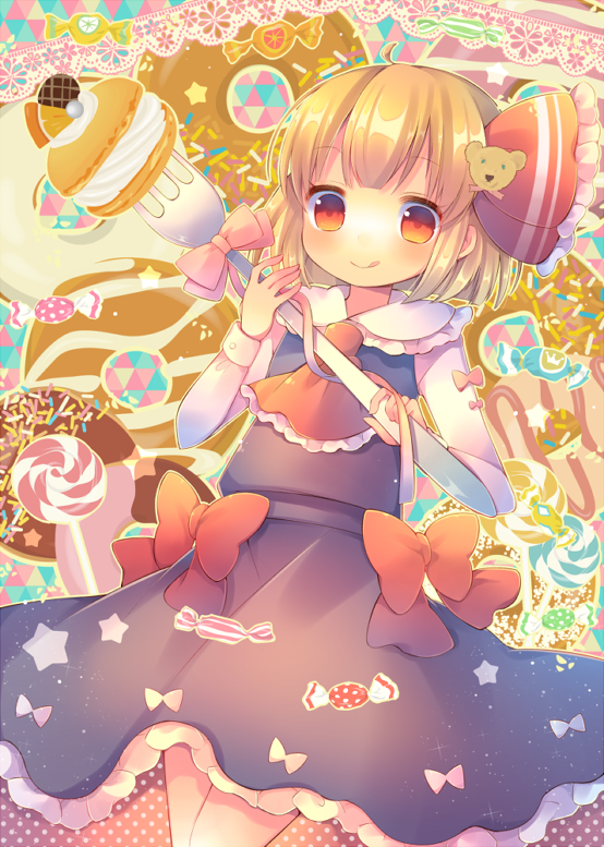 1girl :q blonde_hair candy fork frilled_skirt frills hair_ribbon lollipop oversized_object pastry pjrmhm_coa ribbon rumia shirt short_hair skirt sweets tongue tongue_out touhou vest