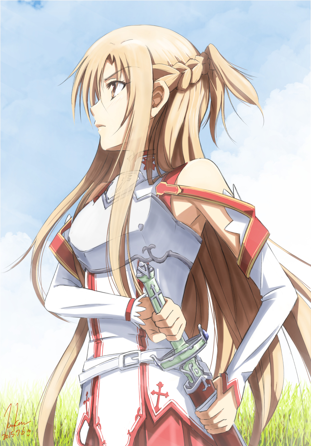 1girl asuna_(sao) brown_eyes brown_hair highres kem_kem long_hair solo sword sword_art_online weapon