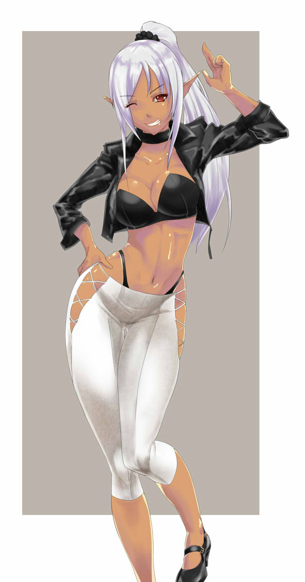 bra breasts cleavage dark_skin highres jacket long_hair mary_janes pants pointy_ears ponytail red_eyes shiny shiny_skin shoes simple_background smile tamonsatsu thong underwear white_hair