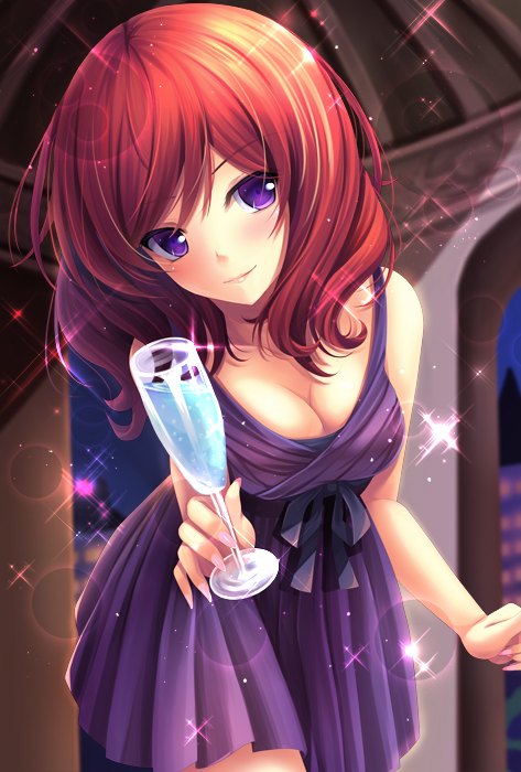 beverage big_breasts dress love_live!_school_idol_project nishikino_maki purple_eyes redhead short_hair