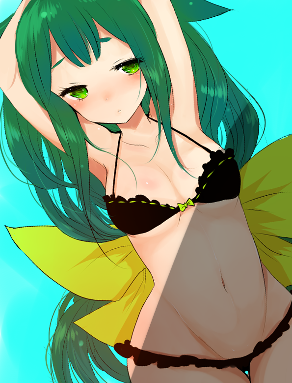 1girl armpits arms_up bikini black_bikini blue_background blush cowboy_shot dutch_angle eyebrows gatchaman_crowds green_eyes green_hair hair_flaps han_(jackpot) long_hair navel solo swimsuit thigh_gap utsutsu very_long_hair