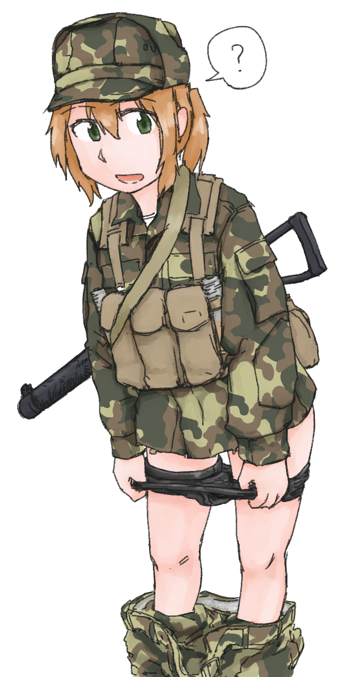 1girl ? bike_shorts dutchko green_eyes gun hat highres load_bearing_vest looking_at_viewer military military_uniform open_mouth original ponytail rifle sniper_rifle solo speech_bubble undressing uniform vss_vintorez weapon