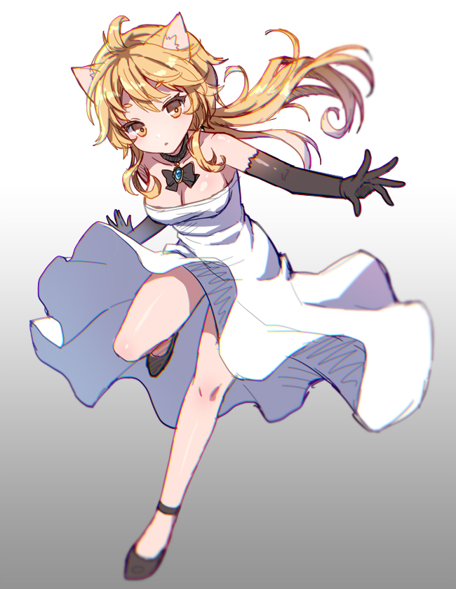 1girl ahoge animal_ears bare_shoulders black_gloves blonde_hair blush bow breasts brooch cat_ears choker cleavage dress elbow_gloves gloves gradient gradient_background jewelry long_hair mauve original sketch solo strapless_dress white_dress yellow_eyes