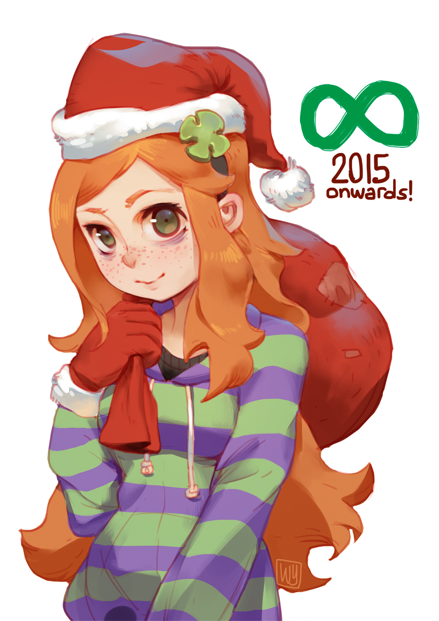 1girl 4chan artist_name artist_request bangs blush christmas freckles green_eyes hair_ornament hat highres jpeg_artifacts long_hair looking_at_viewer orange_hair payot santa_hat smile solo vivian_james