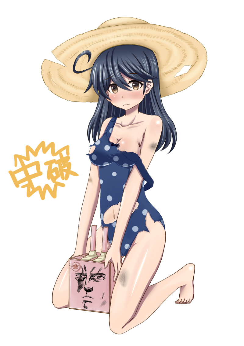 1girl ahoge bare_legs bare_shoulders barefoot black_hair blush breasts brown_eyes cleavage collarbone frown hat hokuto_no_ken k2 kantai_collection long_hair looking_at_viewer navel one-piece_swimsuit polka_dot polka_dot_swimsuit simple_background straw_hat swimsuit torn_clothes torn_swimsuit turret ushio_(kantai_collection) white_background
